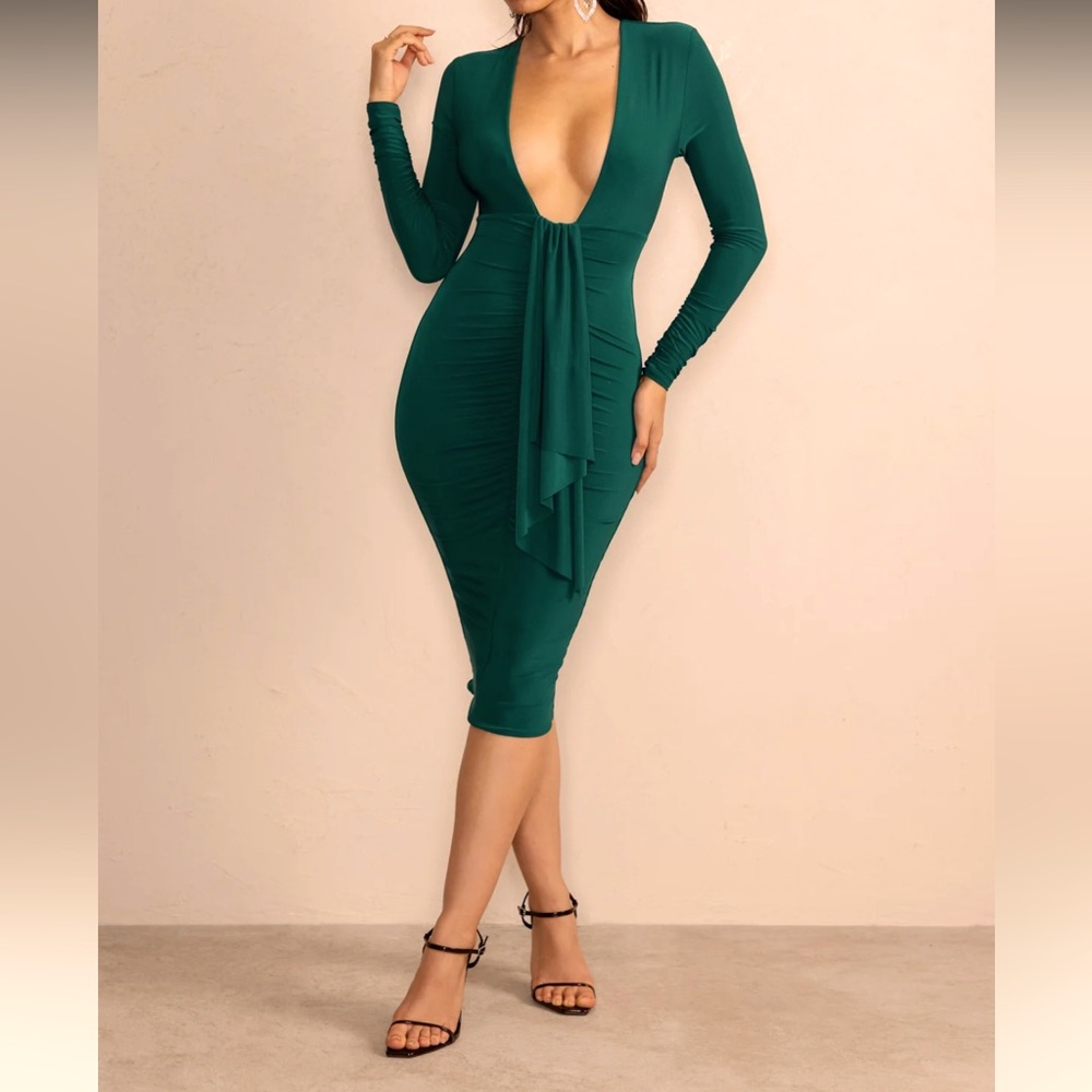 Green plunge neck long sleeve ruched midi dress with drape detail